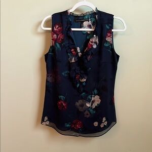 NWOT White House Black Market Sleeveless Navy Chiffon Floral Blouse